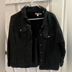 Say What? Black Distressed Denim Jacket with Brass Buttons